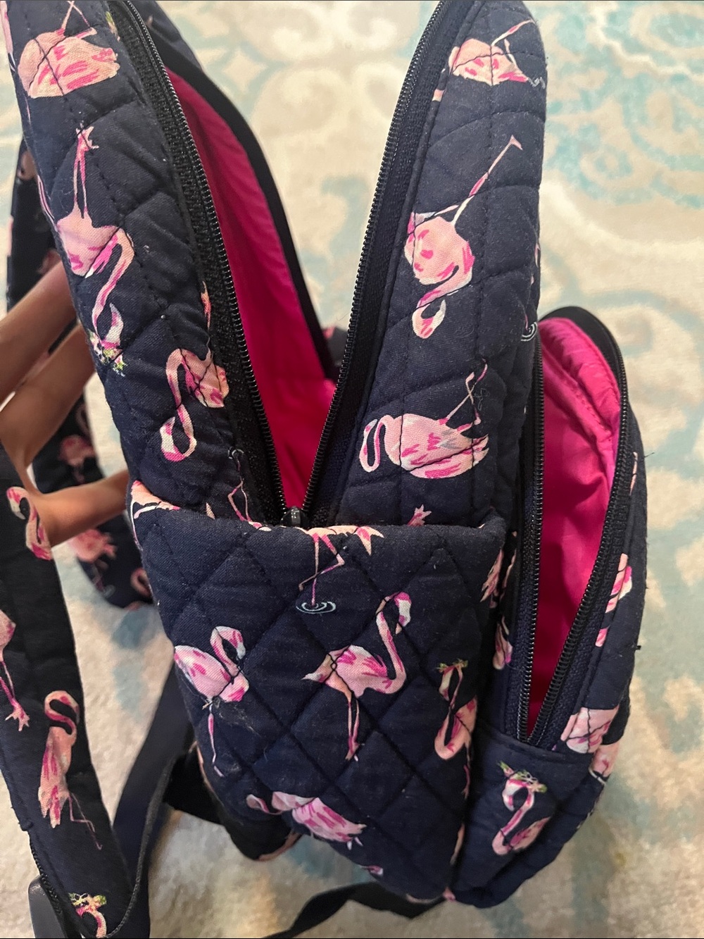 Vera Bradley Navy Quilted mini Backpack with Pink Flamingo Pattern - Picture 4 of 5